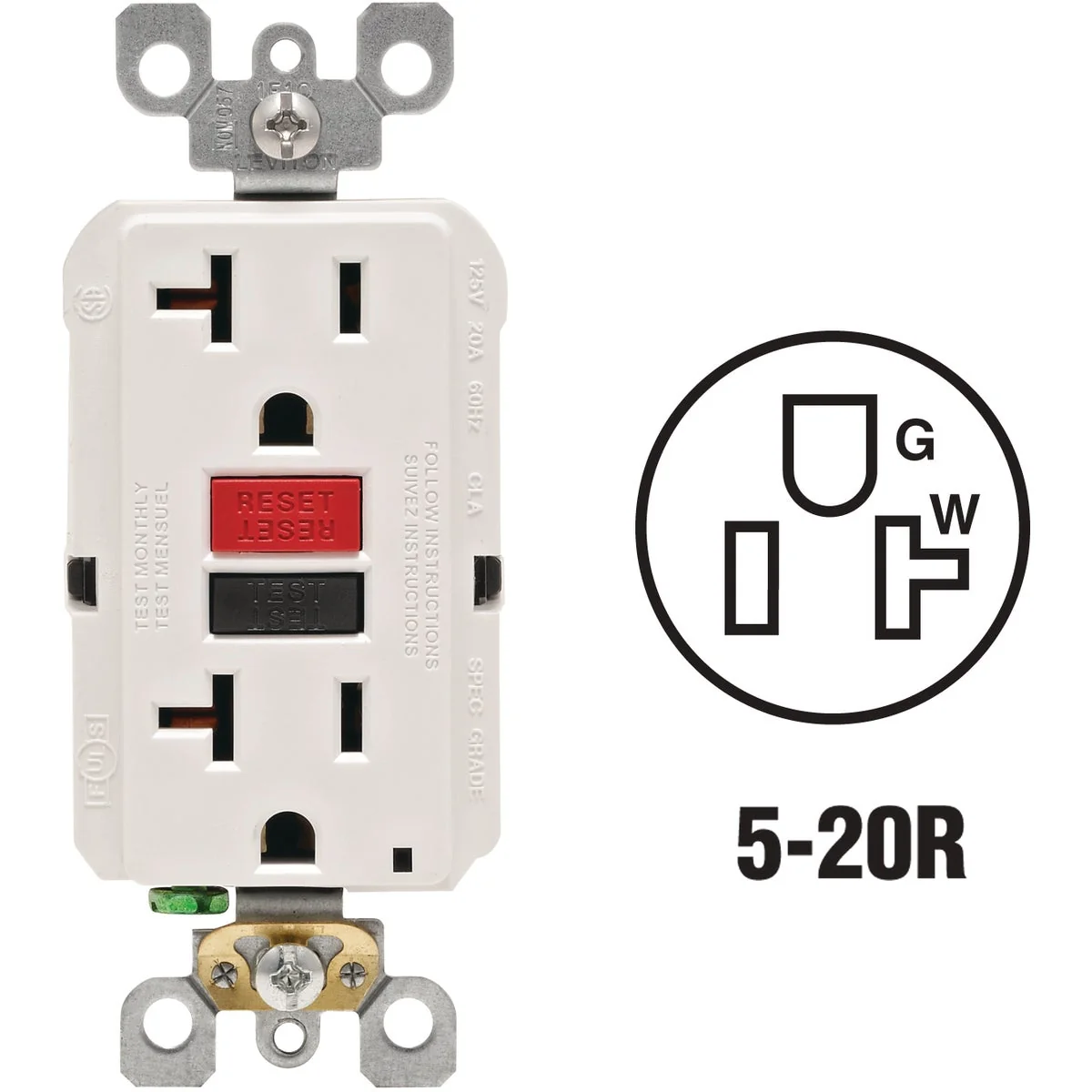 Artisan Leviton SmartlockPro Self-Test 20A White Commercial Grade 5-20R GFCI Outlet Recyclable