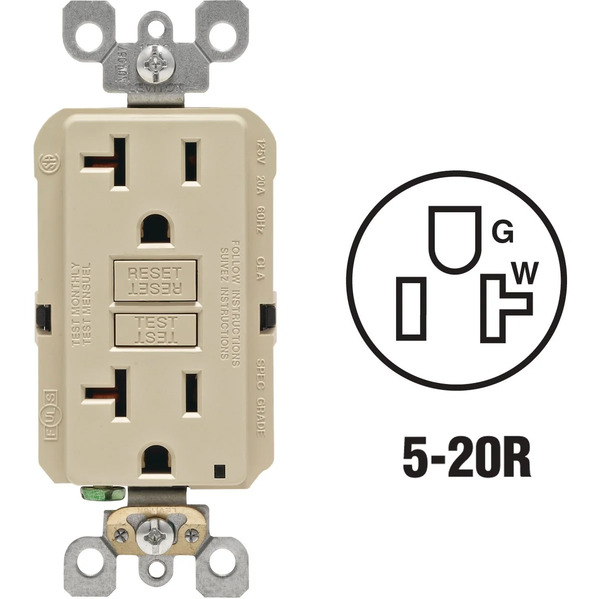 Fast Leviton SmartlockPro Self-Test 20A Ivory Commercial Grade Rounded Corner 5-20R GFCI Outlet Relaxed