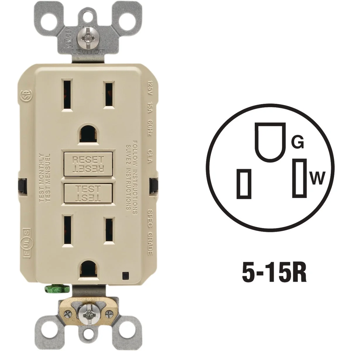 Selected Leviton SmartlockPro Self-Test 15A Ivory Residential Grade Rounded Corner 5-15R GFCI Outlet Organic