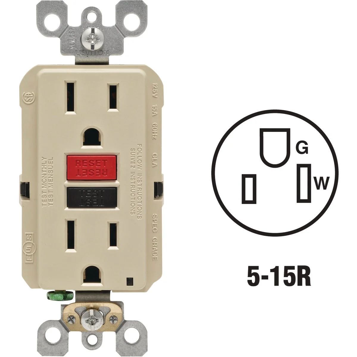 Advanced Leviton SmartlockPro Self-Test 15A Ivory Residential Grade 5-15R GFCI Outlet Trendy