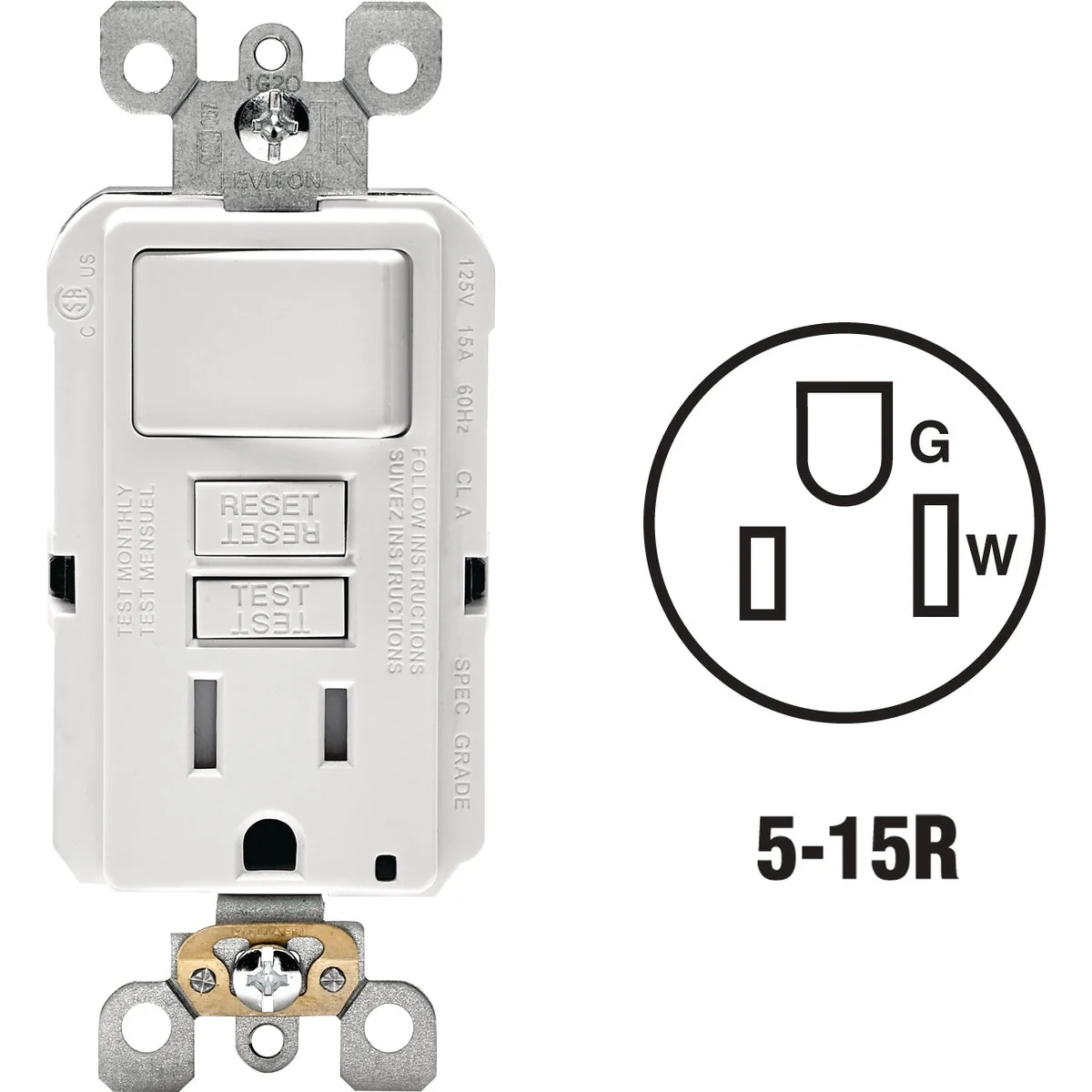 Functional Leviton White 15A Self-Test Tamper Resistant GFCI Switch Outlet Combination With Wallplate Natural