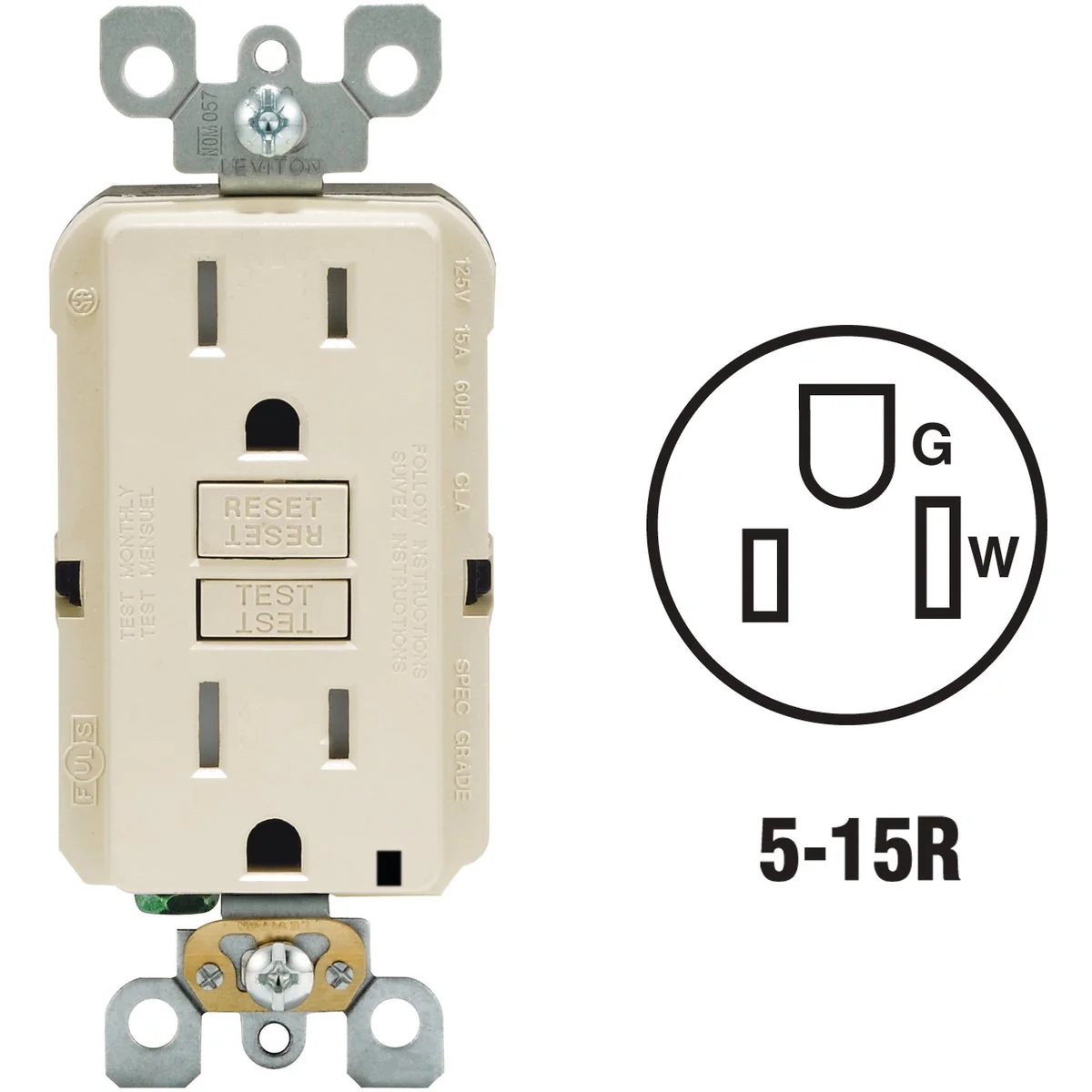 High-Performance Leviton SmartlockPro Self-Test 15A Light Almond Commercial Grade Tamper Resistant 5-15R GFCI Outlet Environmentally Friendly
