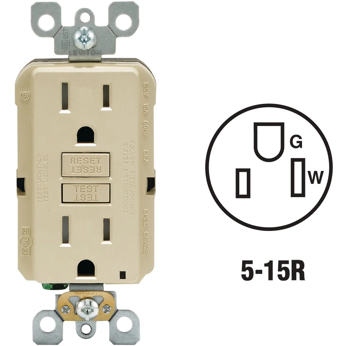 Green Leviton SmartlockPro Self-Test 15A Ivory Commercial Grade Tamper Resistant 5-15R GFCI Outlet Prestigious