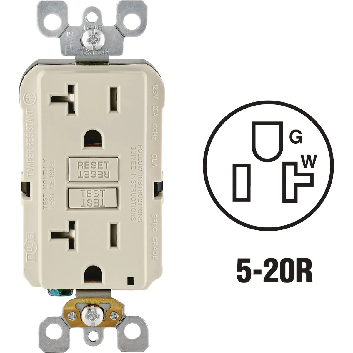 Soft Leviton SmartlockPro Self-Test 20A Light Almond Commercial Grade Tamper Resistant 5-20R GFCI Outlet Superior