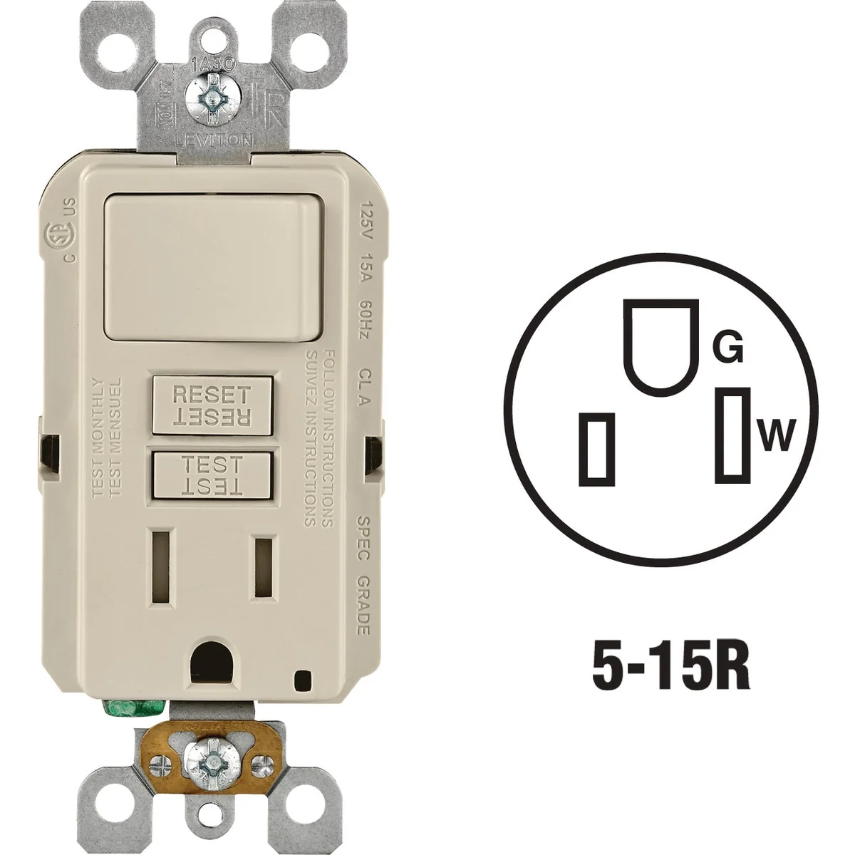 Quality Leviton Light Almond 15A Self-Test Tamper Resistant GFCI Switch Outlet Combination With Wallplate Next-Generation