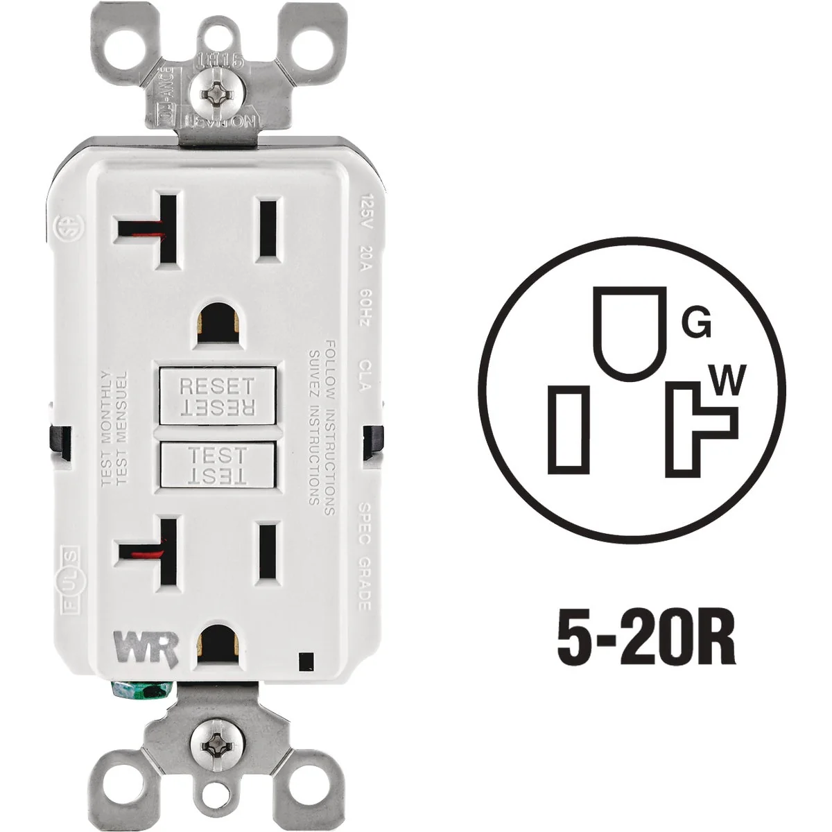 Modern Leviton SmartlockPro Self-Test 20A White Residential Grade Tamper Weather Resistant 5-20R GFCI Outlet Excellent