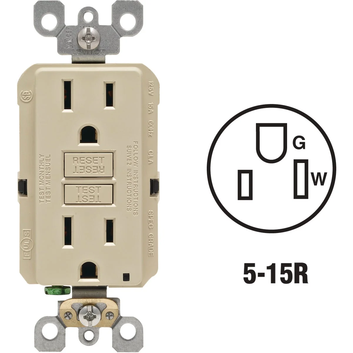 Reliable Leviton SmartlockPro Self-Test 15A Ivory Residential Grade Rounded Corner 5-15R GFCI Outlet 3-Pack Modern
