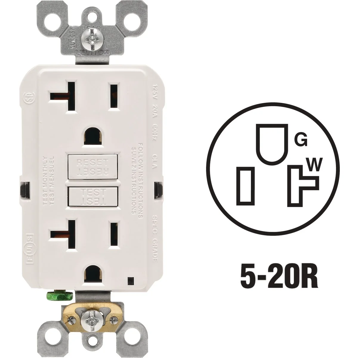 Fashionable Leviton SmartlockPro Self-Test 20A White Commercial Grade Rounded Corner 5-20R GFCI Outlet Smooth
