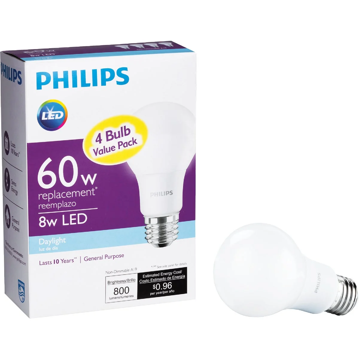 Trusted Philips 60W Equivalent Daylight A19 Medium LED Light Bulb 4-Pack Natural