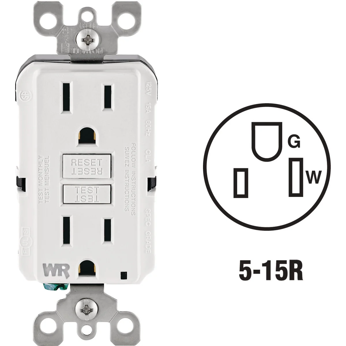 Safe Leviton SmartlockPro Self-Test 15A White Residential Grade Tamper Weather Resistant 5-15R GFCI Outlet Green