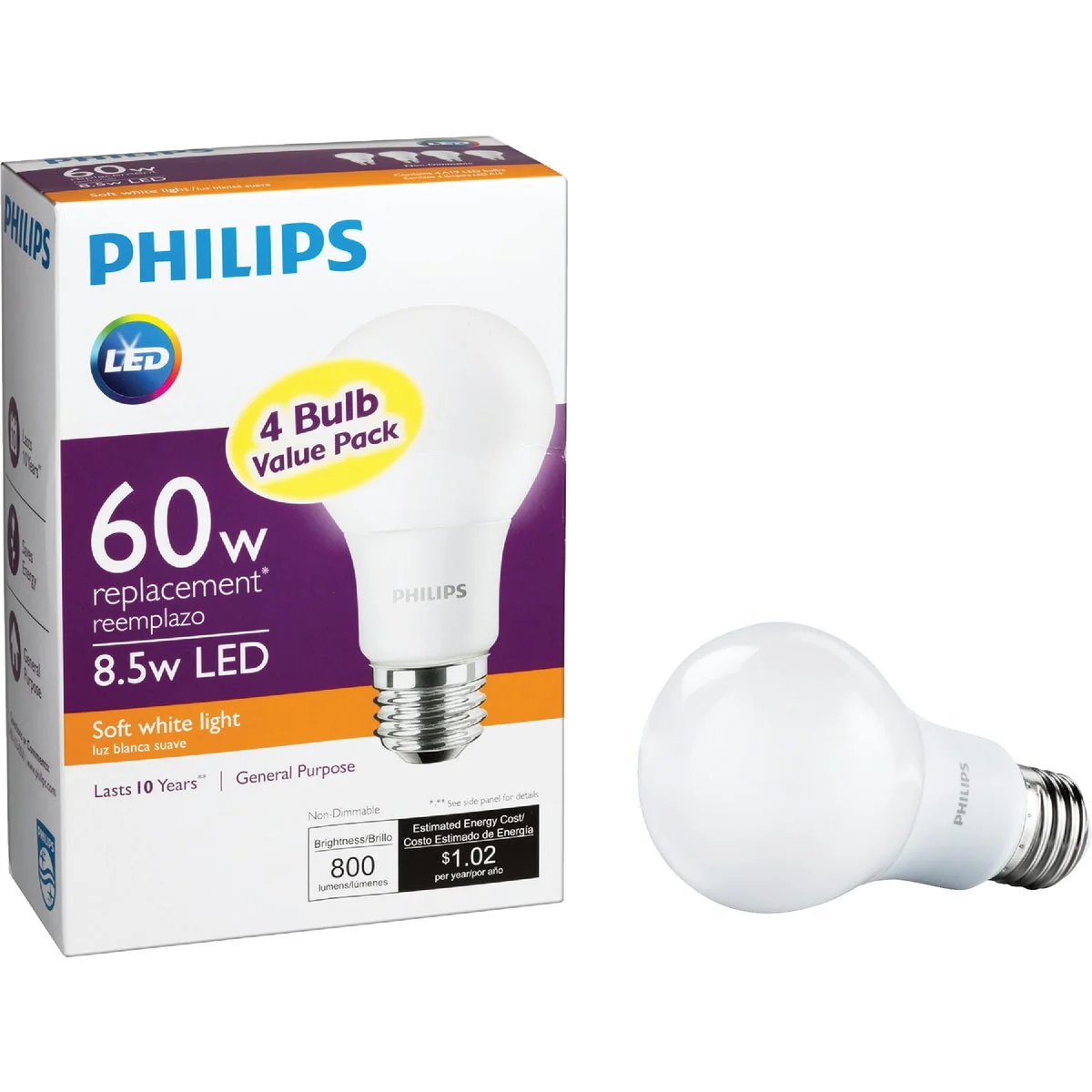 Excellent Philips 60W Equivalent Soft White A19 Medium LED Light Bulb 4-Pack Contemporary
