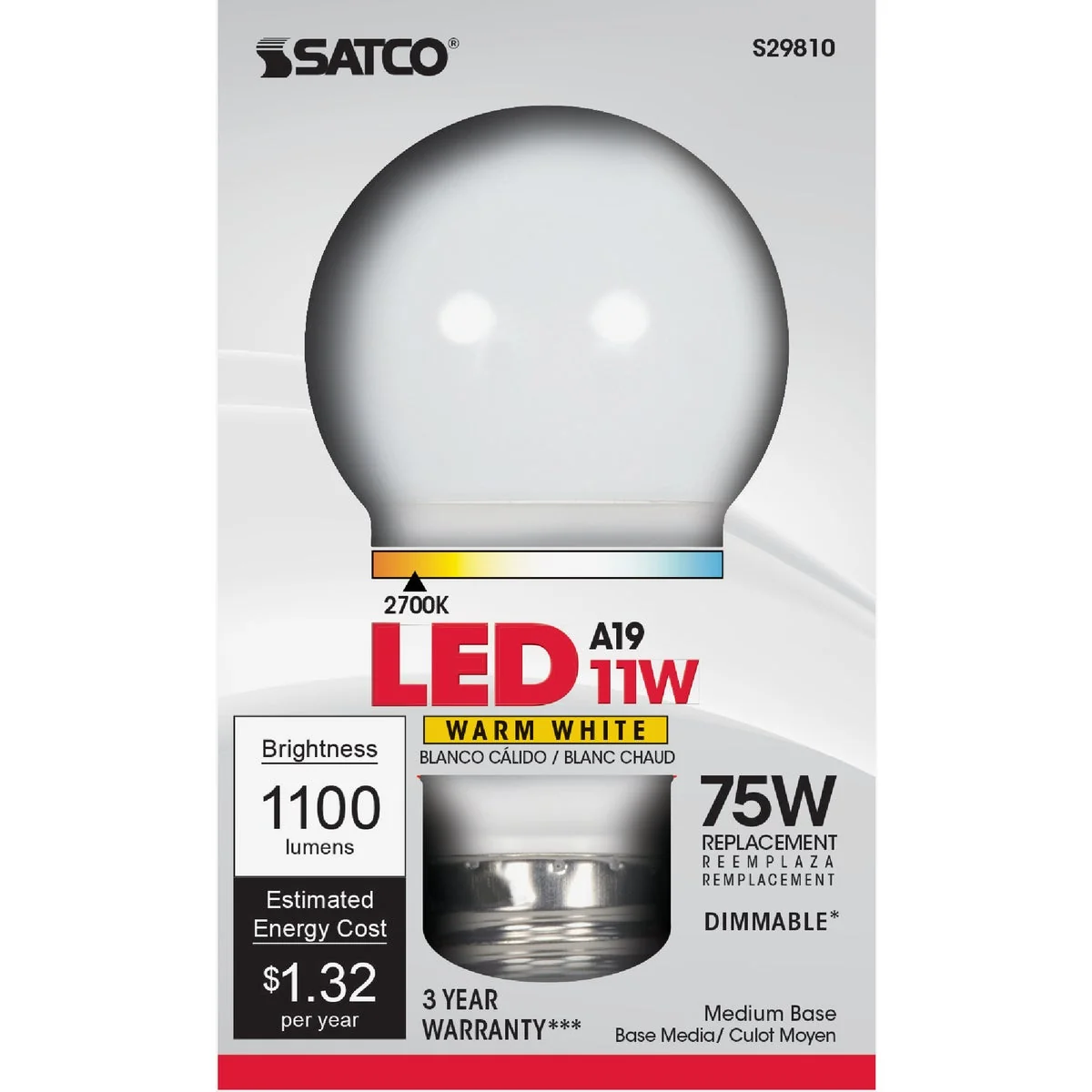 User-Friendly Satco 75W Equivalent Warm White A19 Medium Dimmable LED Light Bulb Certified