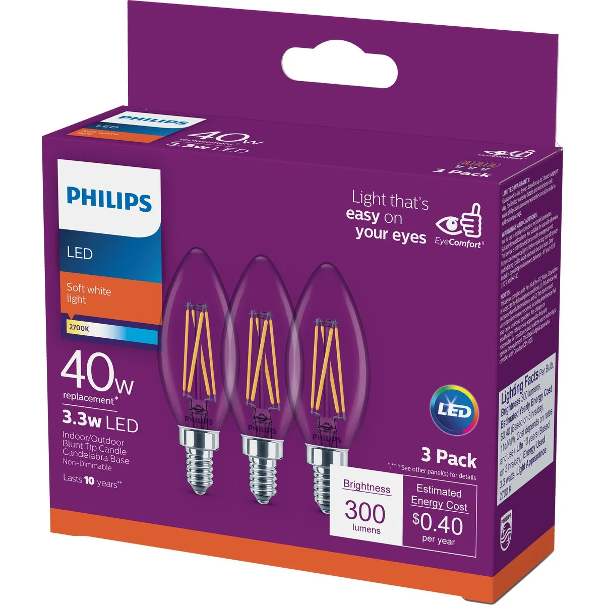 Optimized Philips 40W Equivalent Soft White B11 Candelabra Clear LED Decorative Light Bulb 3-Pack