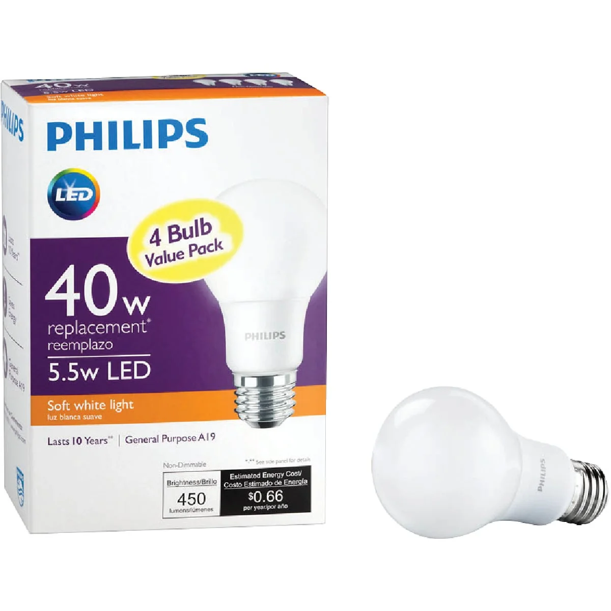 Smart Philips 40W Equivalent Soft White A19 Medium LED Light Bulb 4-Pack Secure