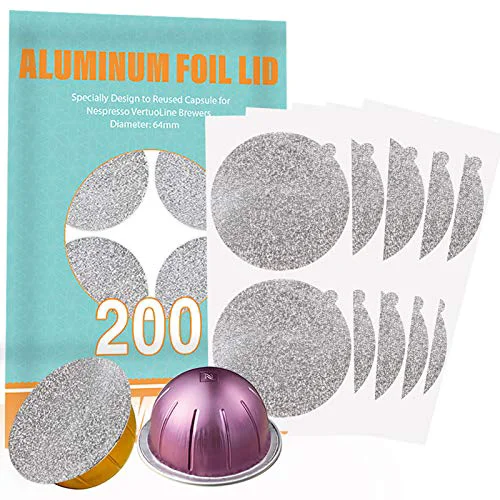Solid Aluminum Foils Lids to Reuse Vertuoline Capsules Coffee Pods Compatible with Nespresso VertuoLine Machine 64mm 200 Count Detailed
