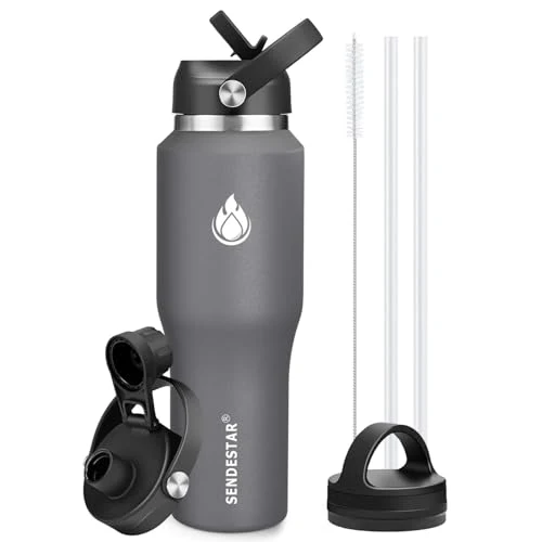 Refined 40oz Water Bottle Wide Mouth Stainless Steel Vacuum Insulated Double Wall with 2 Straw Lids Fit in Any Car Cup Holder Traditional