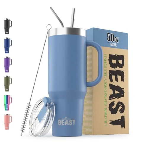 Reusable Beast 50 oz Tumbler with Handle Stainless Steel Vacuum Insulated Coffee Ice Cup Double Wall Travel Flask Elite