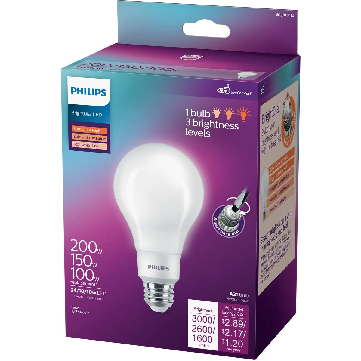 Detailed Philips BrightDial 200 150 100W Equivalent Soft White A21 Medium LED Light Bulb Functional