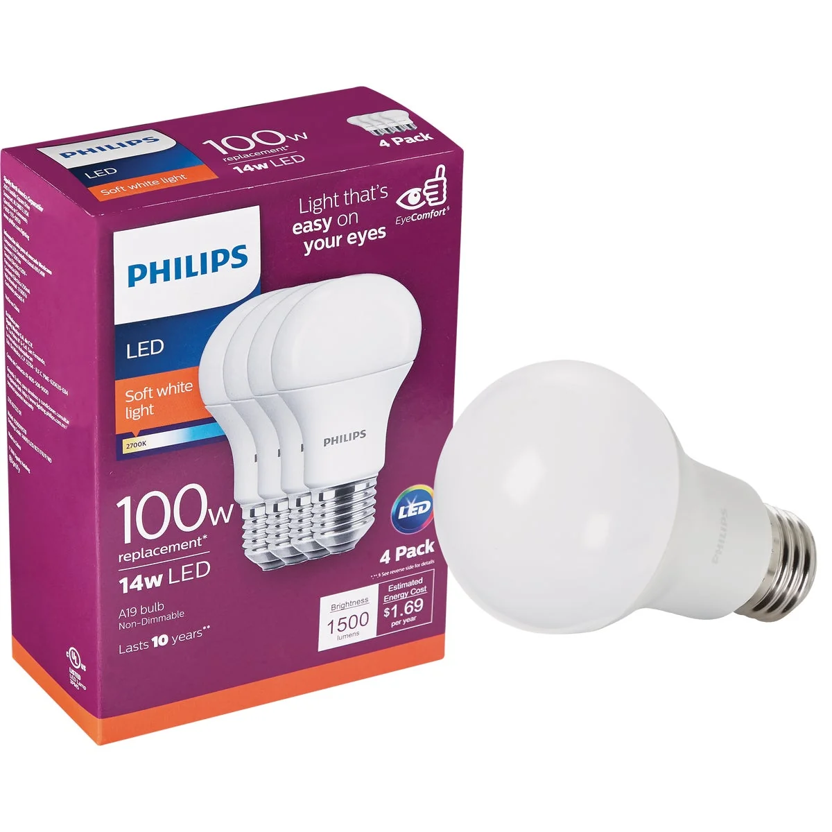 Authentic Philips EyeComfort 100W Equivalent Soft White A19 Medium LED Light Bulb 4-Pack Unique