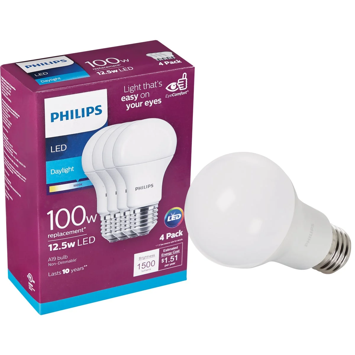 Smooth Philips EyeComfort 100W Equivalent Daylight A19 Medium LED Light Bulb 4-Pack Verified