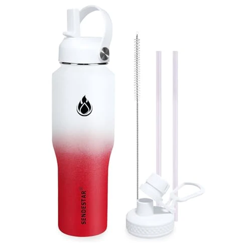 Convenient 32oz Water Bottle Wide Mouth Stainless Steel Vacuum Insulated Double Wall with 2 Straw Lids Fit in Any Car Cup Holder Selected