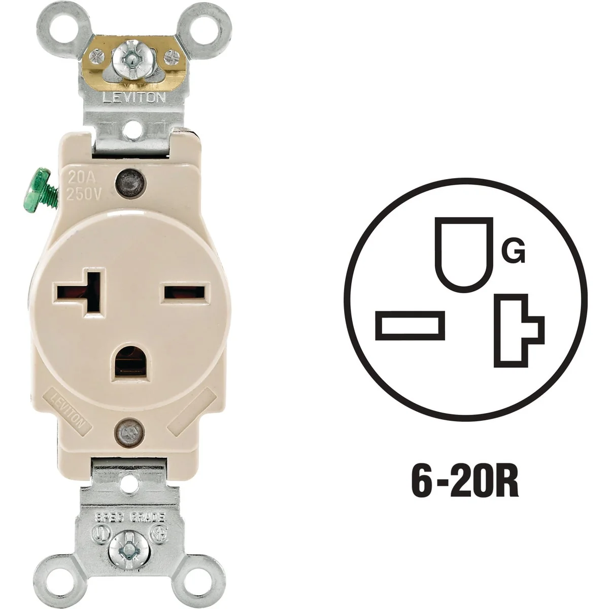 Specialty Leviton 20A Light Almond Heavy-Duty 6-20R Grounding Single Outlet Organic