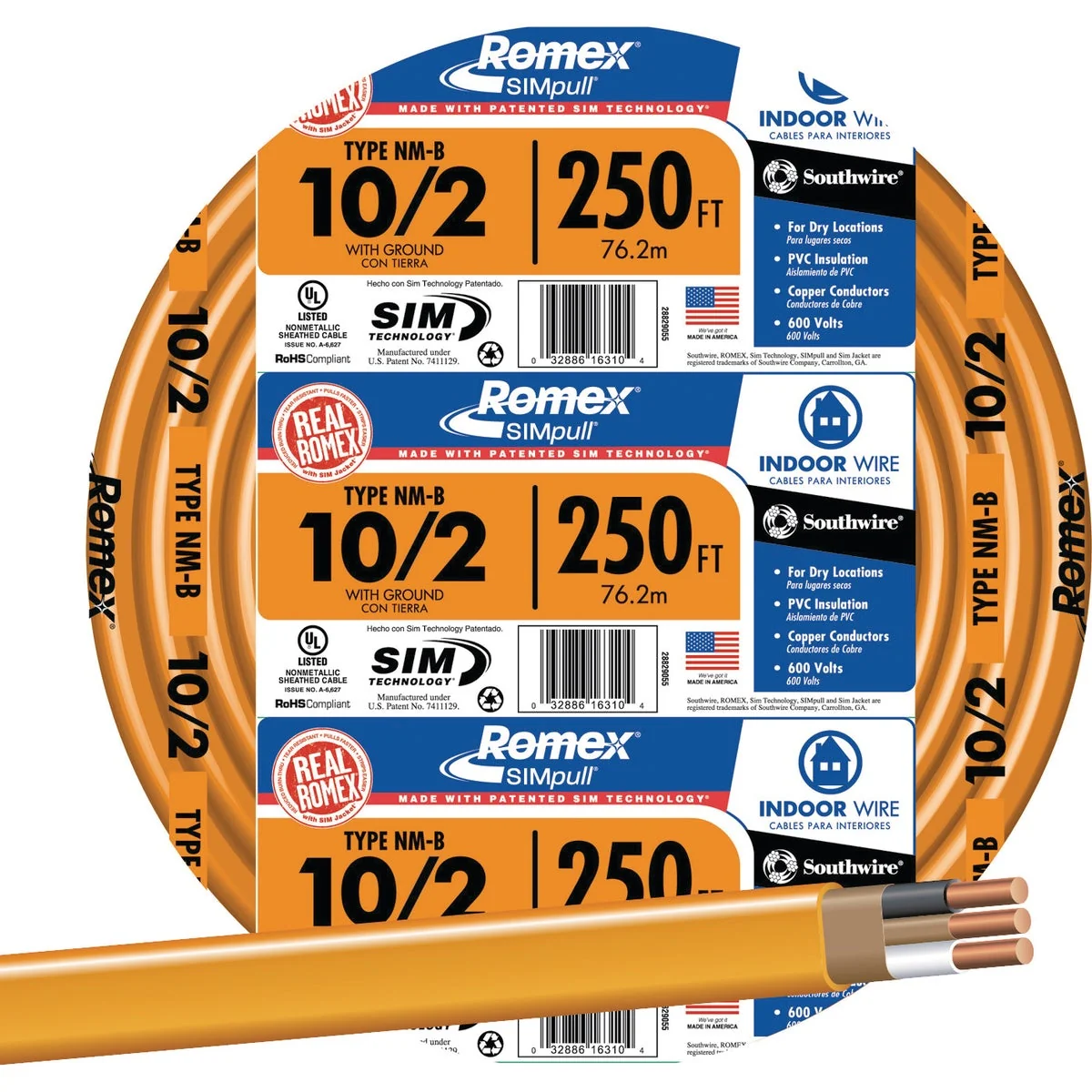 Certified Romex 250 Ft. 10-2 Solid Orange NMW G Electrical Wire Smooth