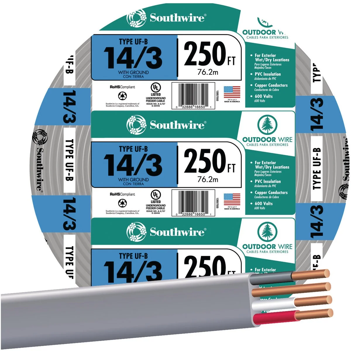 Durable Southwire 250 Ft. 14 AWG 3-Conductor UFW G Electrical Wire Selected