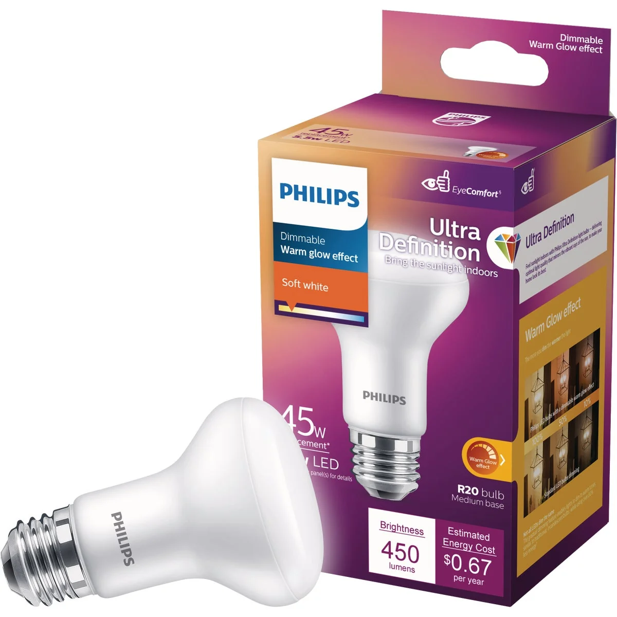 Expertly Made Philips 45W Equivalent Soft White R20 Medium Dimmable LED Floodlight Light Bulb Casual