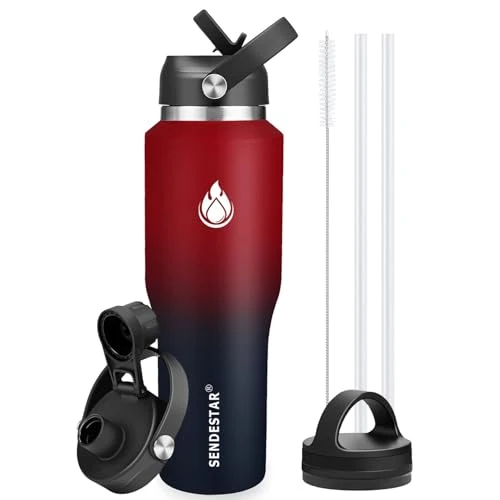 Detailed 40oz Water Bottle Wide Mouth Stainless Steel Vacuum Insulated Double Wall with 2 Straw Lids Fit in Any Car Cup Holder Modern