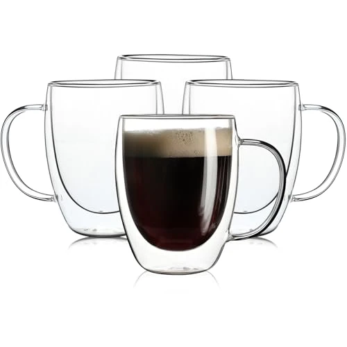 Prestigious 4 Pack Double Walled Glass Coffee Mugs with Handles 2 Count Elegant