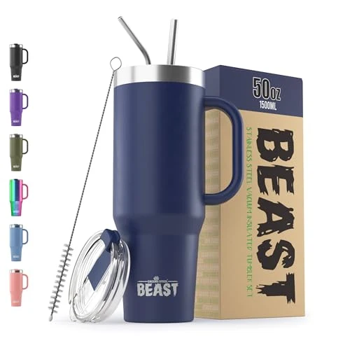 Reliable Beast 50 oz Tumbler with Handle Stainless Steel Vacuum Insulated Coffee Ice Cup Double Wall Travel Flask Relaxed