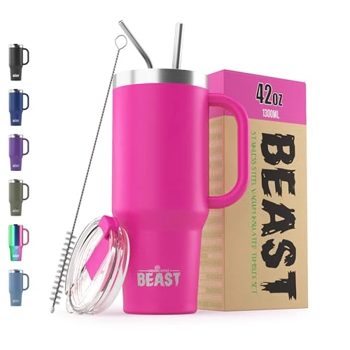 Pure Beast 42 oz Tumbler with Handle Stainless Steel Vacuum Insulated Coffee Ice Cup Double Wall Travel Flask Detailed