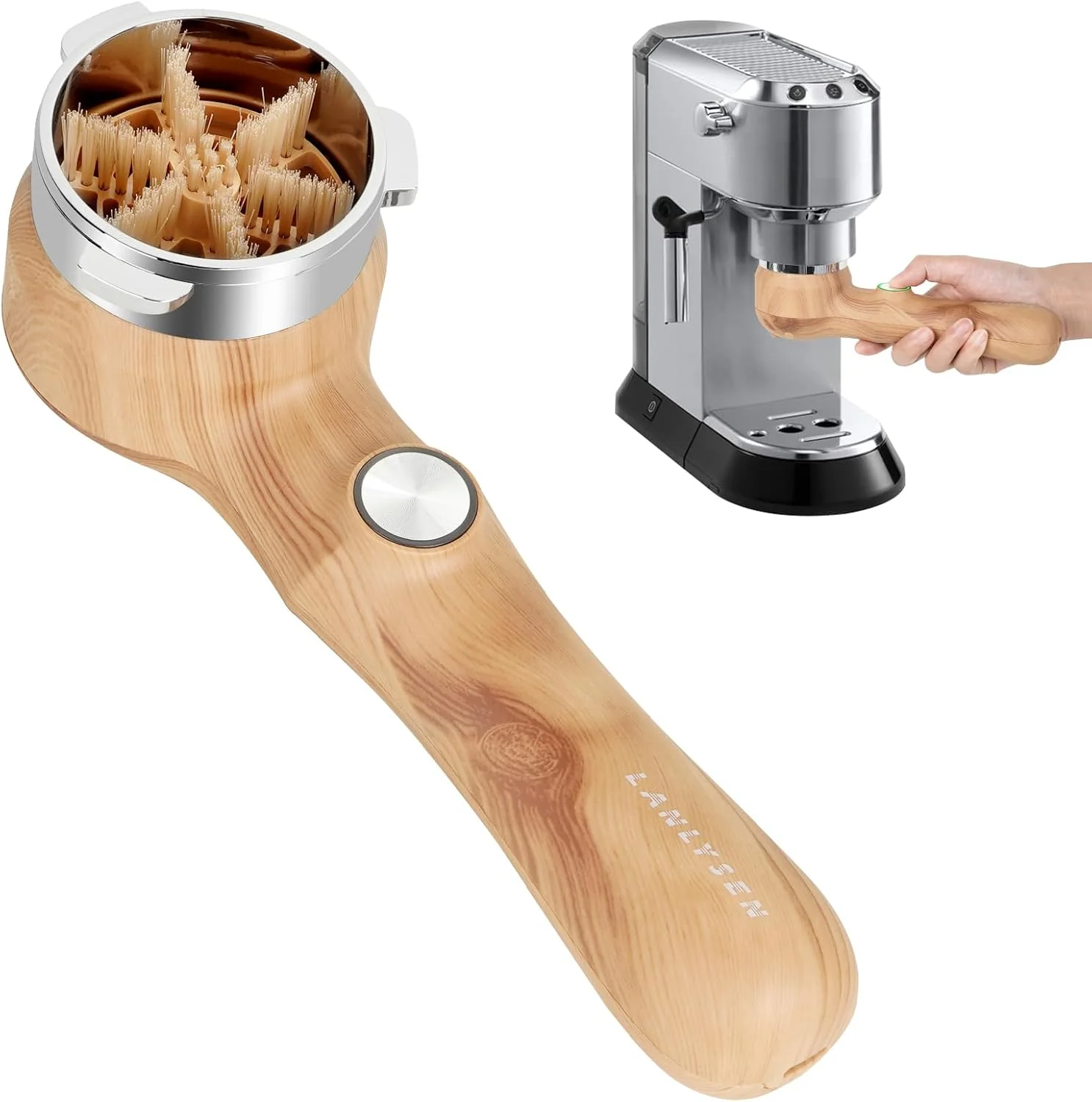 Fast Espresso Coffee Machine Cleaning Brush Wood grain color espresso machine electric cleaning brush 360° Totally enclosed cleaning for 3 EARS 51MM Delonghi Dedica Style Series EC680 and EC685 SMEG ECF01 Flexible