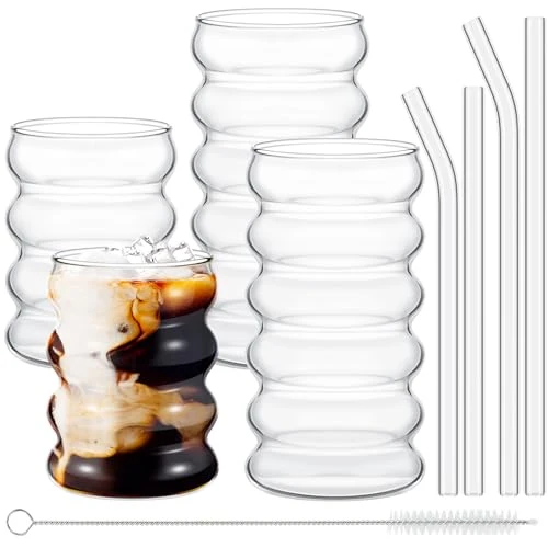 Trendy 4 Pcs Creative Glass Cups Vintage Drinking Glasses Ribbed Glassware Aesthetic Cup Entertainment Dinnerware Glassware with Straws Set for Kitchen Coffee Beverage 4 Count Authentic