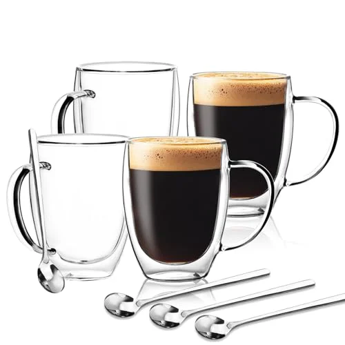 Recyclable Double Wall Glass Coffee Mugs 12 OZ 4 Count Premium Material