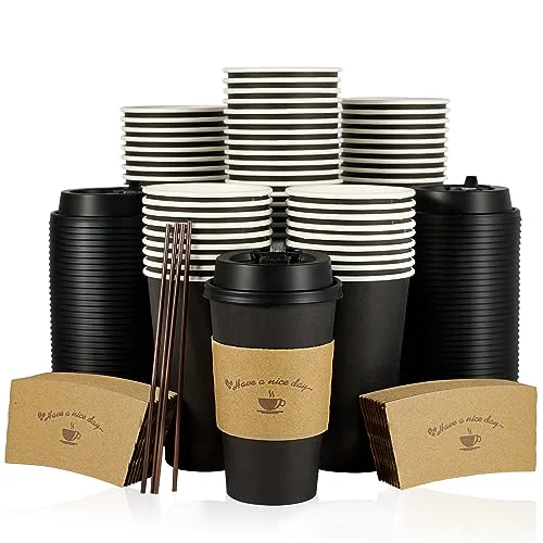 Versatile 100 Pack 16 oz Paper Coffee Cups with Lids Recyclable