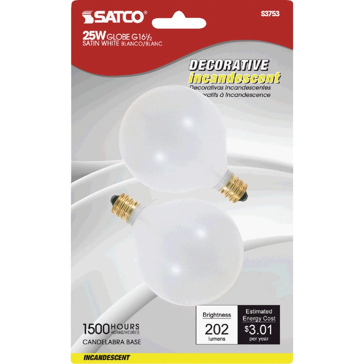 High-Grade Satco 25W Frosted Soft White Candelabra Base G16.5 Incandescent Globe Light Bulb 2-Pack Long-Lasting