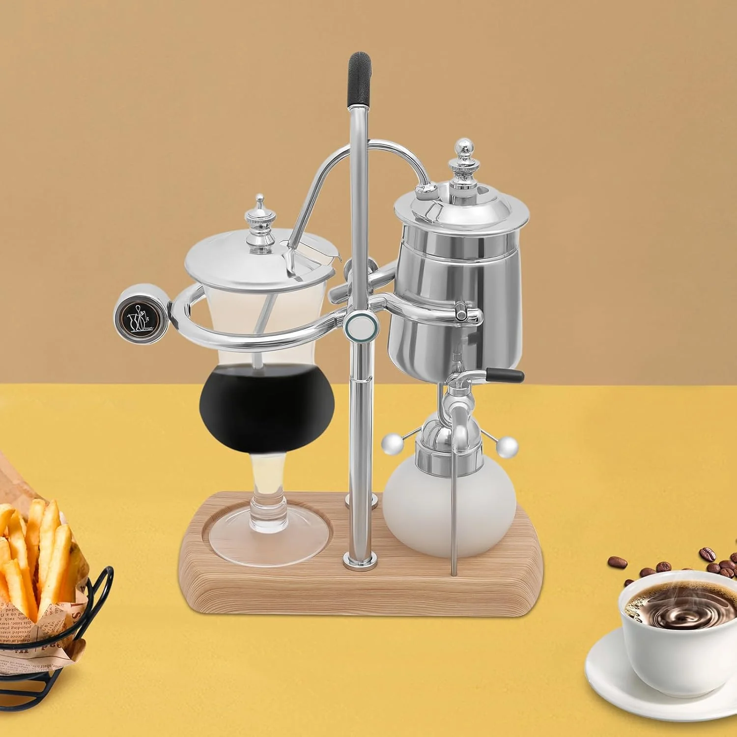 Pure Belgian Luxury Royal Family Balance Syphon Coffee Maker Belgium Siphon Brewer Elegant Design Retro-Style Gravity Vintage Coffee Maker Vacuum Brewing System Copper Silver Reusable
