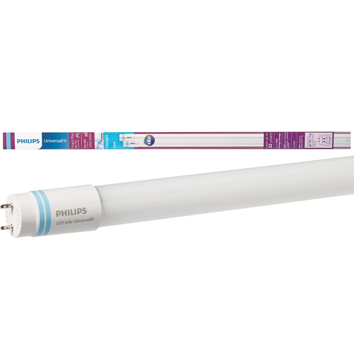 Efficient Philips UniversalFit 32W 40W Equivalent 48 In. Daylight T8 Bi-Pin LED Tube Light Bulb 2-Pack Advanced