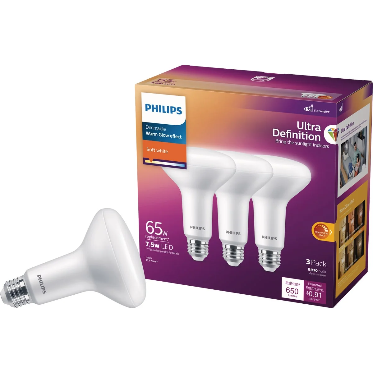 Modern Philips Warm Glow Ultra Definition 65W Equivalent Soft White BR30 Medium Dimmable LED Floodlight Light Bulb 3-Pack Optimized