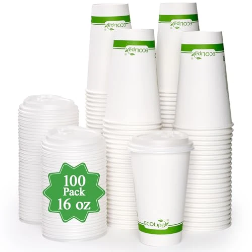 Safe 100 Count 16 oz Compostable Paper Coffee Cups with CPLA Lid Professional