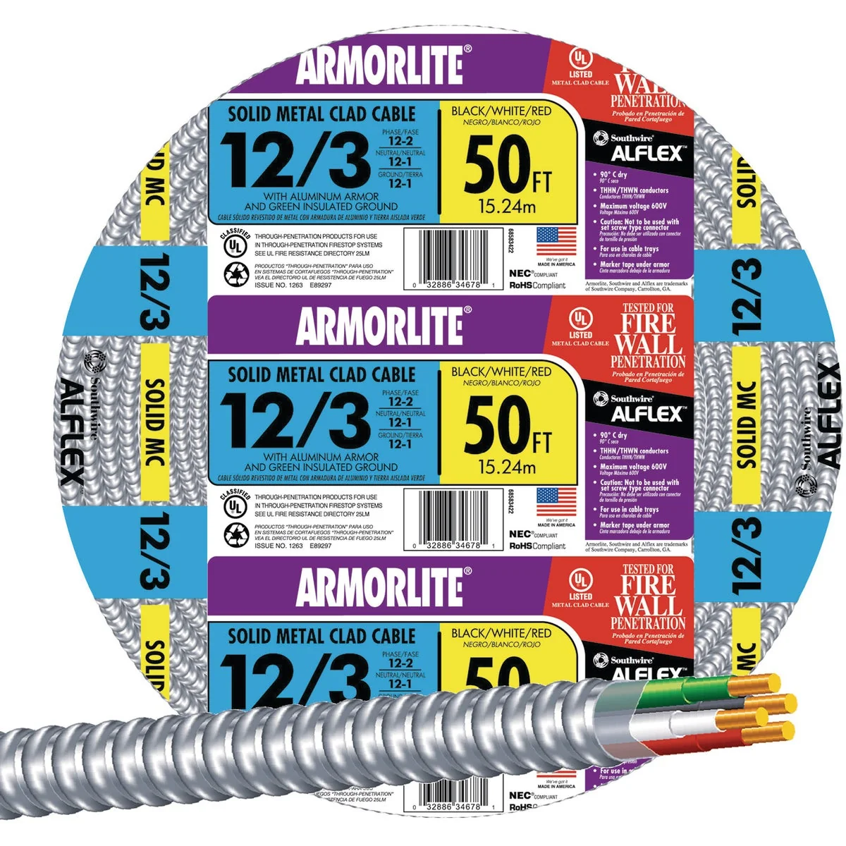 Functional Southwire 50 Ft. 12 3 MC Armored Cable Electrical Wire Next-Generation