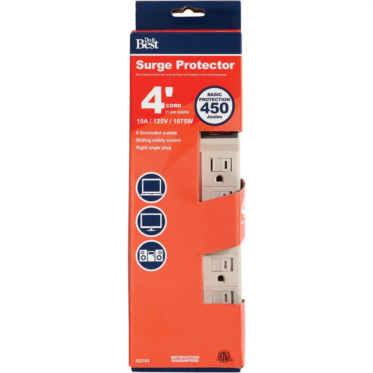 Easy-to-Use Do it 6-Outlet 450J Tan Power Surge Strip with 4 Ft. Cord Efficient