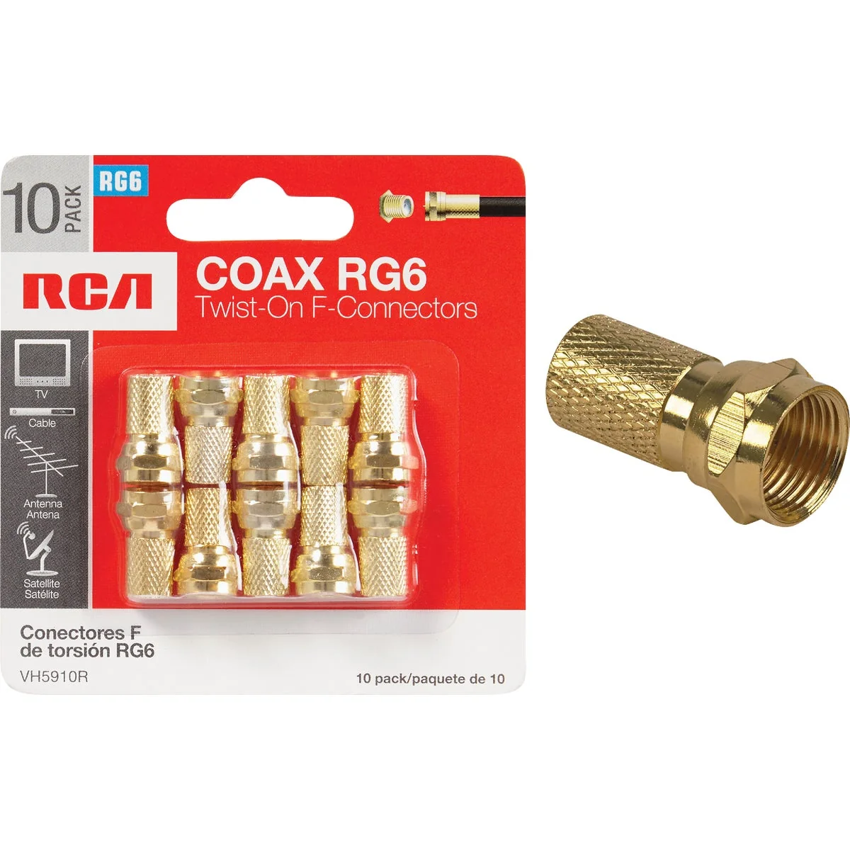 Easy-to-Use RCA RG6 Twist-On Coaxial F-Connector 10-Pack Elegant