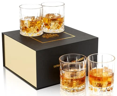 Breathable Old Fashioned Whiskey Glasses 3 Designs Bourbon Glass 10 oz Set 4 Count Fine