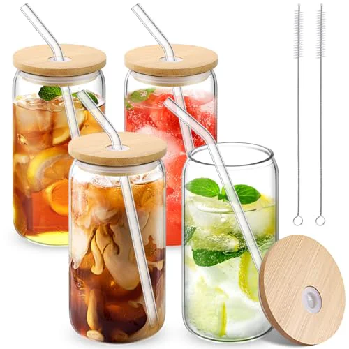 Environmentally Friendly Glass Cups with Lid and Straw 4 Count World-Class