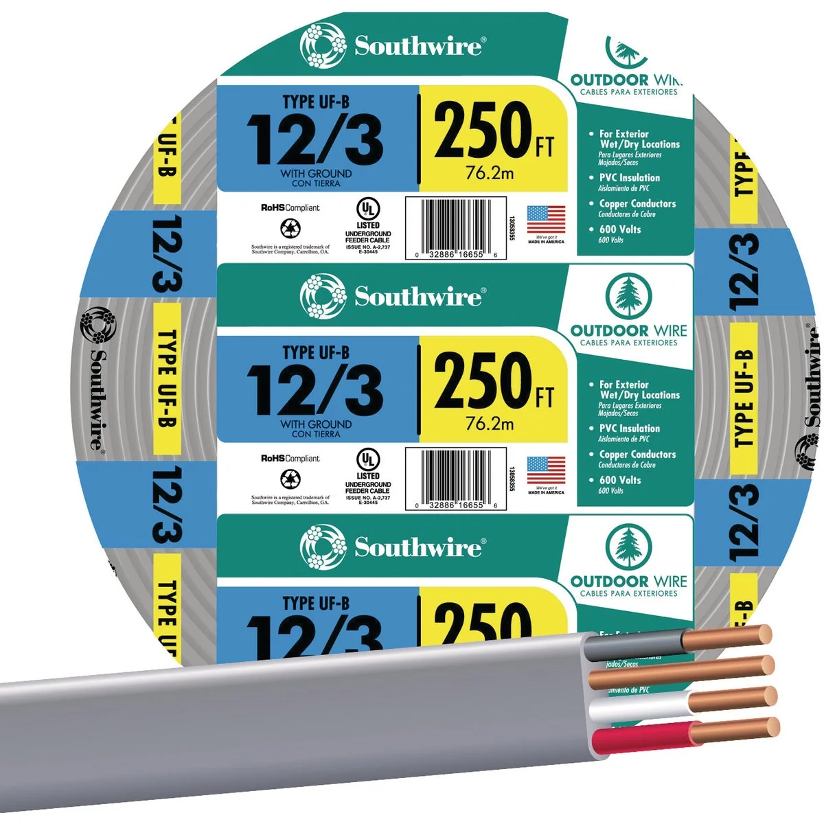 Enhanced Southwire 250 Ft. 12 AWG 3-Conductor UFW G Electrical Wire Durable