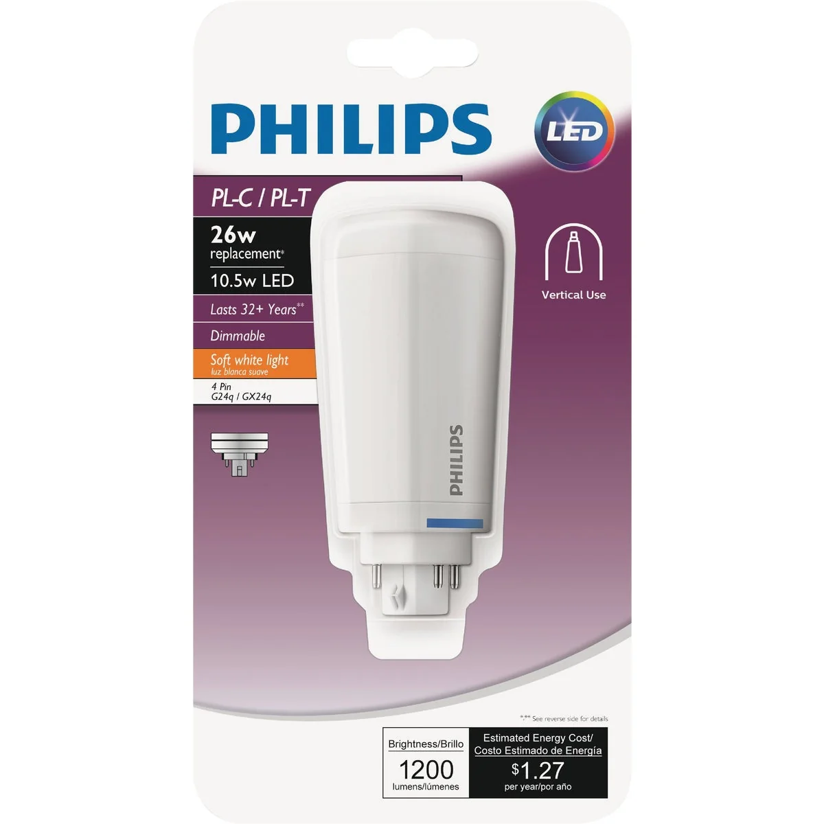Elegant Philips 26W Equivalent Soft White PL-C T 4-Pin Vertical Orientation LED Tube Light Bulb Organic