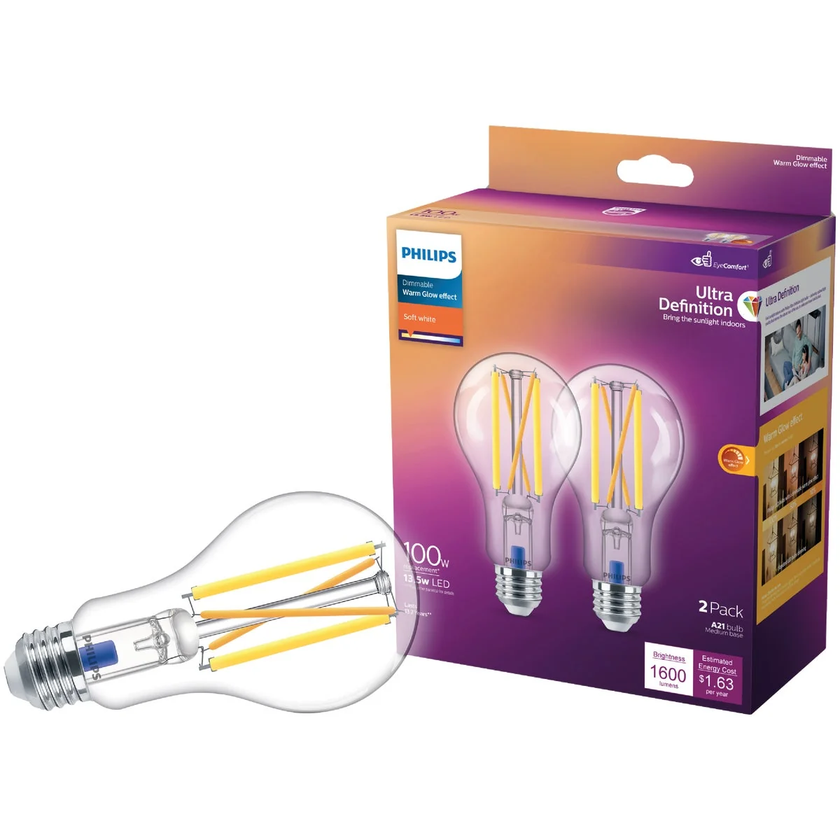 Certified Philips Ultra Definition Warm Glow Vintage 100W Equivalent Soft White A21 Medium LED Light Bulb 2-Pack Enhanced